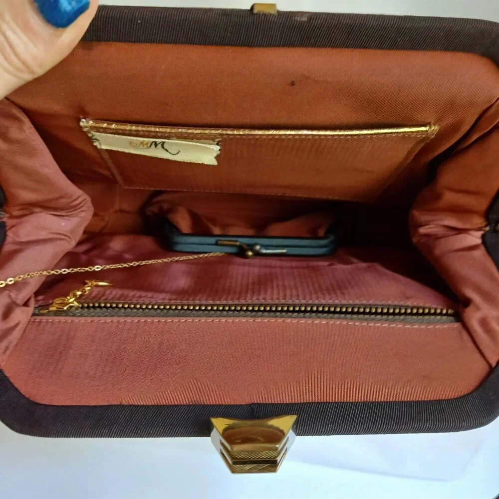 Vintage Brown Grosgrain Gold Art Deco Clasp Handbag with Cute Attached Purse